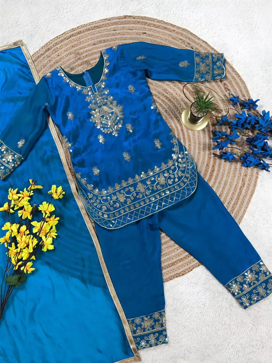 FANCY GMY SILK EMBROIDERY SEQUENCE WORK KID'S TOP BOTTOM WITH DUPATTA FESTIVE WEAR WHOLESALE PRICE ETHNIC GARMENT (14)
