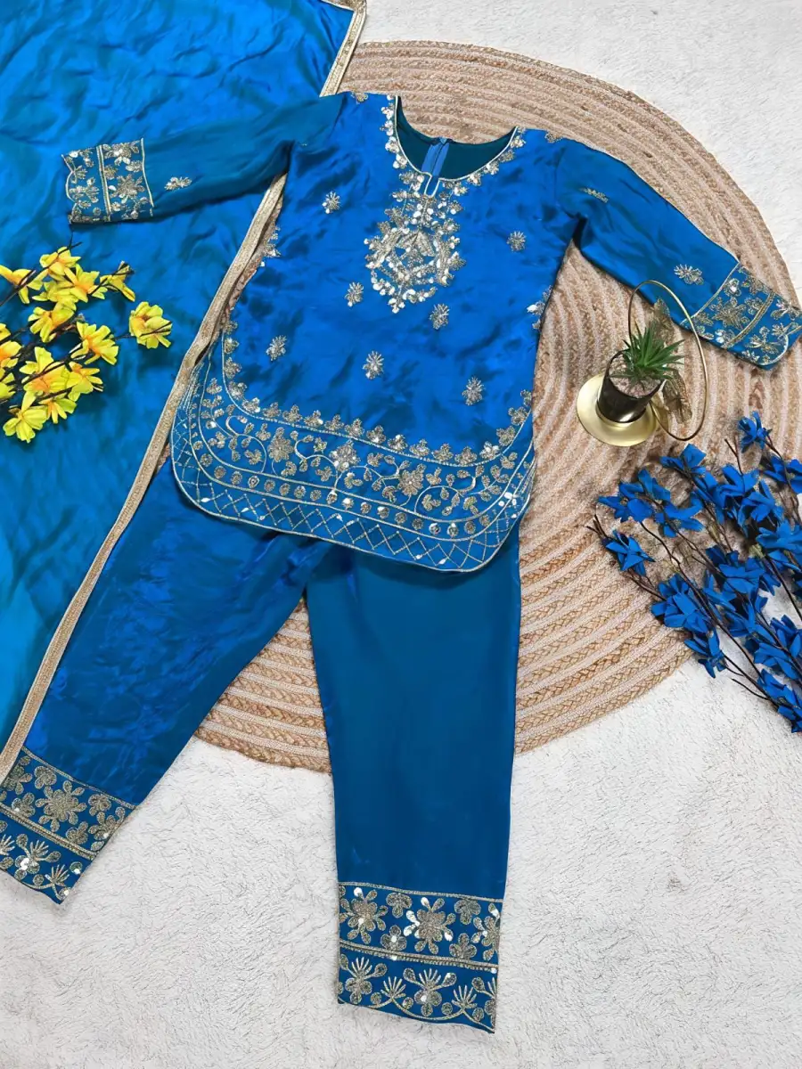 FANCY GMY SILK EMBROIDERY SEQUENCE WORK KID'S TOP BOTTOM WITH DUPATTA FESTIVE WEAR WHOLESALE PRICE ETHNIC GARMENT (15)
