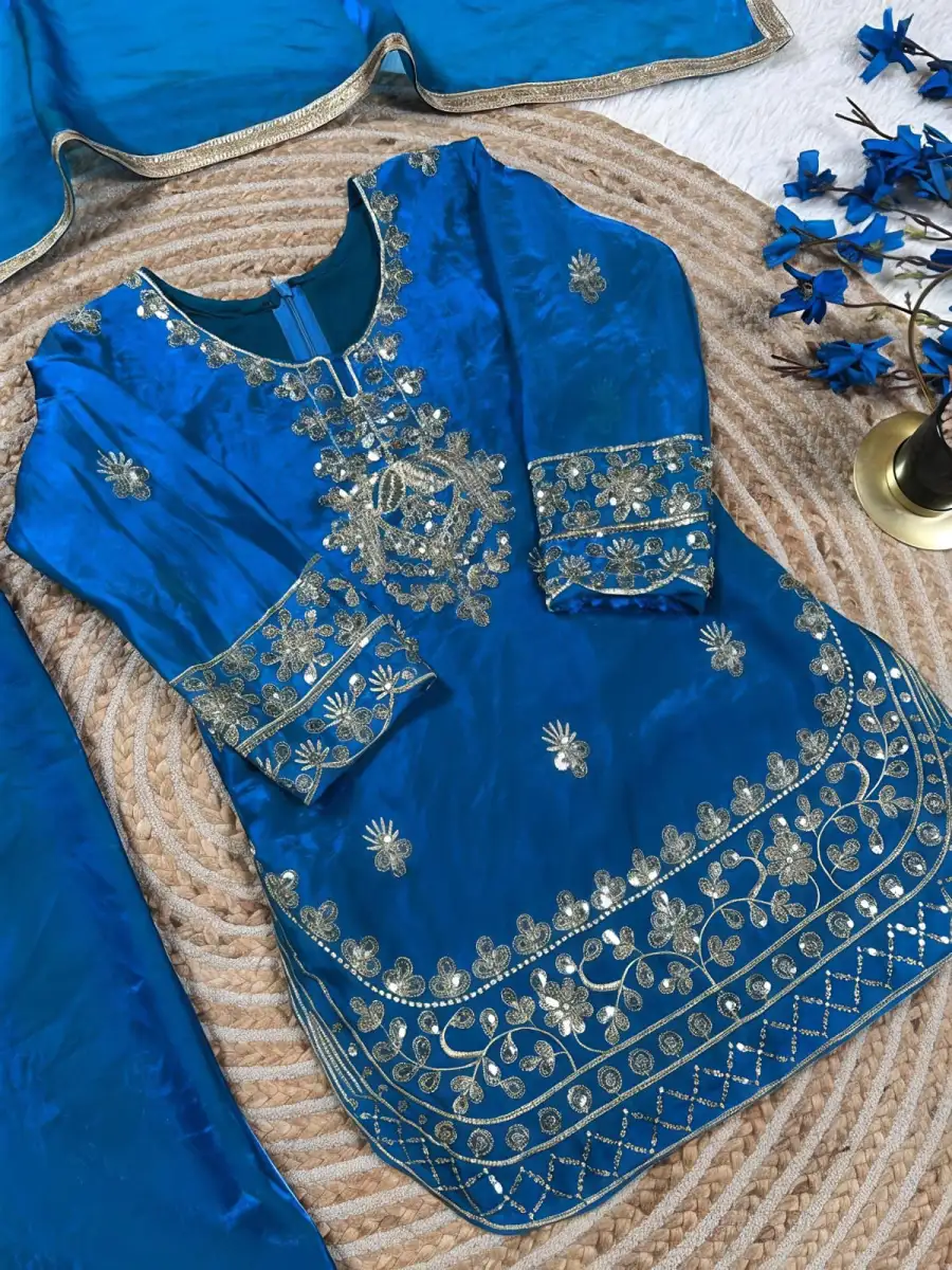 FANCY GMY SILK EMBROIDERY SEQUENCE WORK KID'S TOP BOTTOM WITH DUPATTA FESTIVE WEAR WHOLESALE PRICE ETHNIC GARMENT (17)