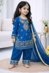 FANCY GMY SILK EMBROIDERY SEQUENCE WORK KID'S TOP BOTTOM WITH DUPATTA BLUE