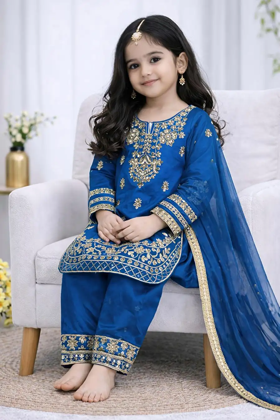 FANCY GMY SILK EMBROIDERY SEQUENCE WORK KID'S TOP BOTTOM WITH DUPATTA FESTIVE WEAR WHOLESALE PRICE ETHNIC GARMENT (21)