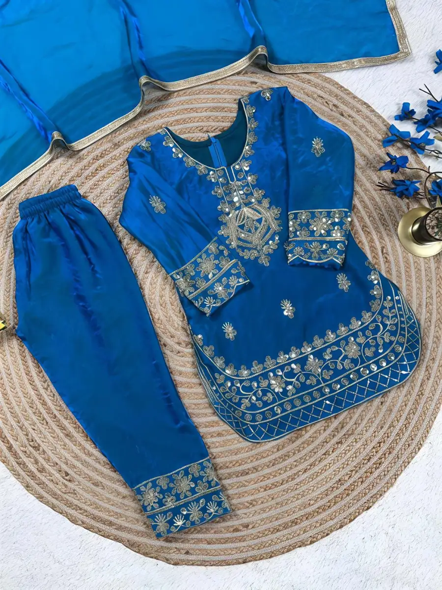 FANCY GMY SILK EMBROIDERY SEQUENCE WORK KID'S TOP BOTTOM WITH DUPATTA FESTIVE WEAR WHOLESALE PRICE ETHNIC GARMENT (9)