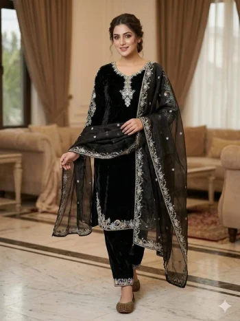FANCY GMY SILK EMBROIDERY WORK TOP BOTTOM WITH DUPATTA BLACK