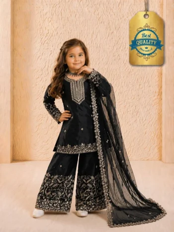 FANCY GMYS SILK EMBROIDERY 3 MM SEQUENCE & CODING DORI  WORK KID'S TOP PALAZZO WITH DUPATTA BLACK
