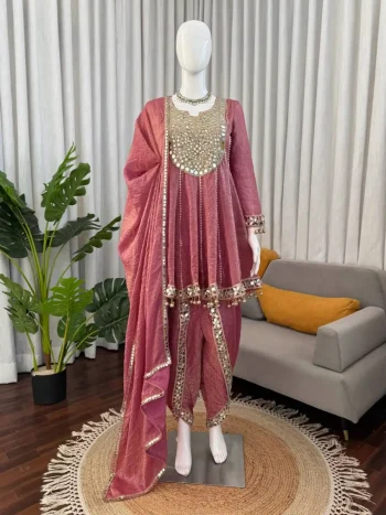 FANCY GOLD CRUSH THREAD WITH REAL MIRROR AND FANCY LATKAN WORK TOP DHOTI ONION