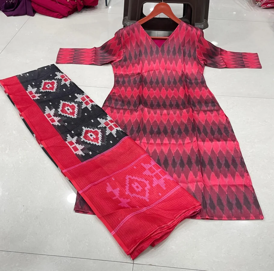 FANCY IKKAT COTTON PRINT WORK TOP WITH DUPATTA DAILY WEAR WHOLESALE PRICE ETHNIC GARMENT (1)
