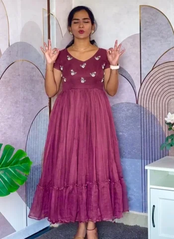 FANCY KOTA CHECKS MAGGAMHANDWORK ONE PIECE DRESS PINK