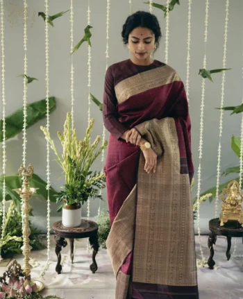 FANCY LICHI SILK JACQUARD WORK SAREE WITH UNSTITCHED BLOUSE MAROON