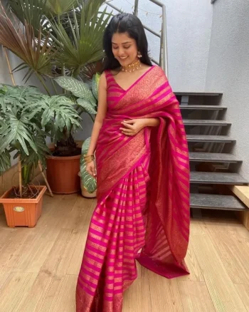 FANCY  LICHI SILK RICH PALLU & JACQUARD WORK SAREE WITH UNSTITCHED BLOUSE PINK
