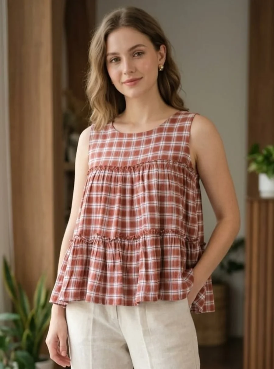 FANCY LINEN COTTON CHECKS PRINT WORK TOP PENT SET OFFICE WEAR WHOLESALE PRICE ETHNIC GARMENT (12)