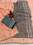 FANCY LINEN COTTON PRINTED WITH AARI MIRROR WORK ALL OVER & ARC BORDER WORK SAREE WITH UNSTITCHD BLOUSE PEACH