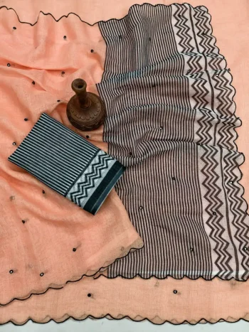 FANCY LINEN COTTON PRINTED WITH AARI MIRROR WORK ALL OVER & ARC BORDER WORK SAREE WITH UNSTITCHD BLOUSE PEACH