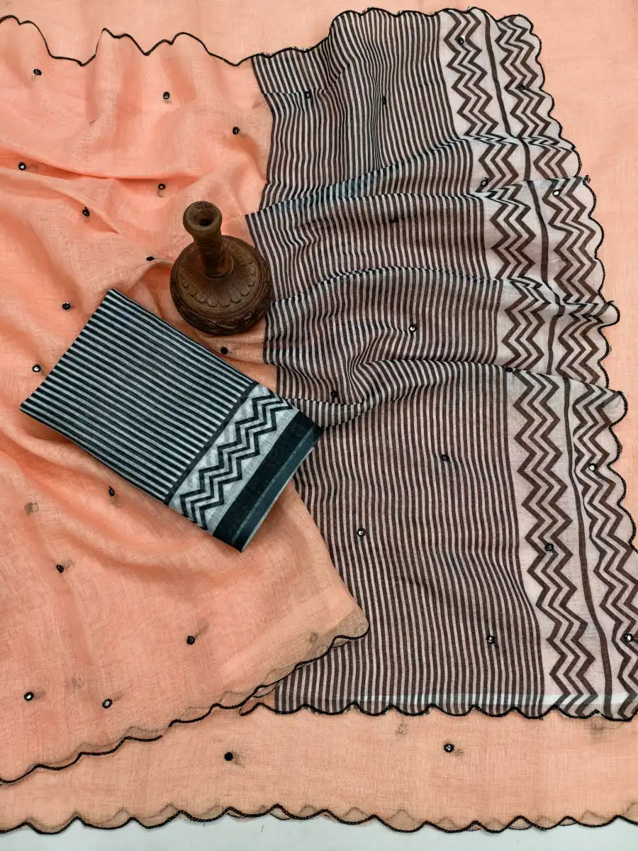 FANCY LINEN COTTON PRINTED WITH AARI MIRROR WORK ALL OVER & ARC BORDER WORK SAREE WITH UNSTITCHD BLOUSE FESTIVE WEAR WHOLESALE PRICE ETHNIC GARMENT (2)