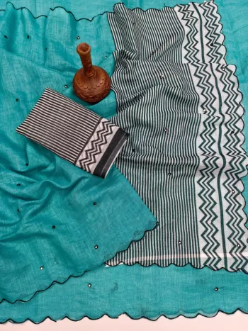 FANCY LINEN COTTON PRINTED WITH AARI MIRROR WORK ALL OVER & ARC BORDER WORK SAREE WITH UNSTITCHD BLOUSE RAMA