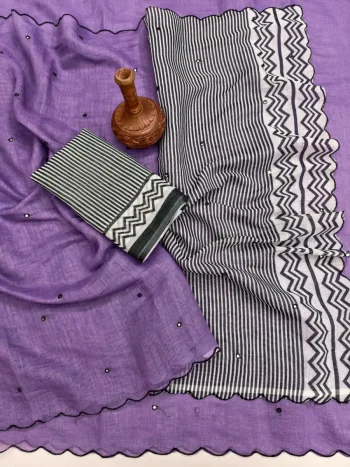 FANCY LINEN COTTON PRINTED WITH AARI MIRROR WORK ALL OVER & ARC BORDER WORK SAREE WITH UNSTITCHD BLOUSE LAVENDER