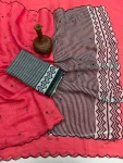 FANCY LINEN COTTON PRINTED WITH AARI MIRROR WORK ALL OVER & ARC BORDER WORK SAREE WITH UNSTITCHD BLOUSE RED