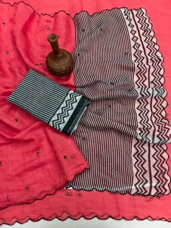 FANCY LINEN COTTON PRINTED WITH AARI MIRROR WORK ALL OVER & ARC BORDER WORK SAREE WITH UNSTITCHD BLOUSE RED