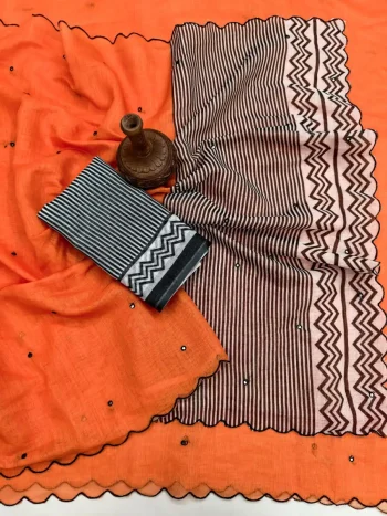 FANCY LINEN COTTON PRINTED WITH AARI MIRROR WORK ALL OVER & ARC BORDER WORK SAREE WITH UNSTITCHD BLOUSE ORANGE
