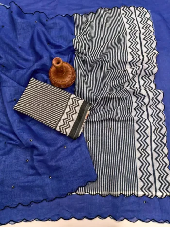 FANCY LINEN COTTON PRINTED WITH AARI MIRROR WORK ALL OVER & ARC BORDER WORK SAREE WITH UNSTITCHD BLOUSE BLUE