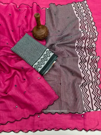 FANCY LINEN COTTON PRINTED WITH AARI MIRROR WORK ALL OVER & ARC BORDER WORK SAREE WITH UNSTITCHD BLOUSE PINK