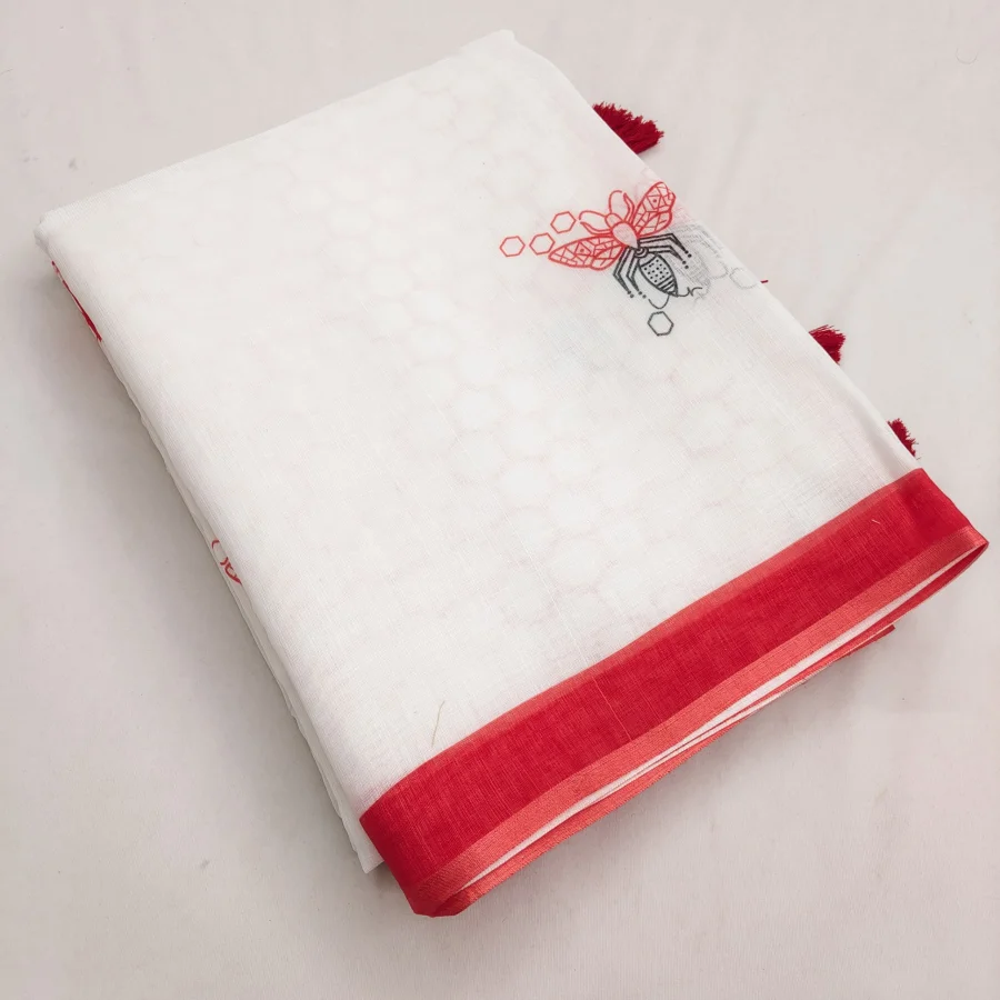 FANCY LINEN COTTON PRINTED WITH TASSELS WORK SAREE WITH UNSTITCHD BLOUSE DAILY WEAR WHOLESALE PRICE ETHNIC GARMENT (2)