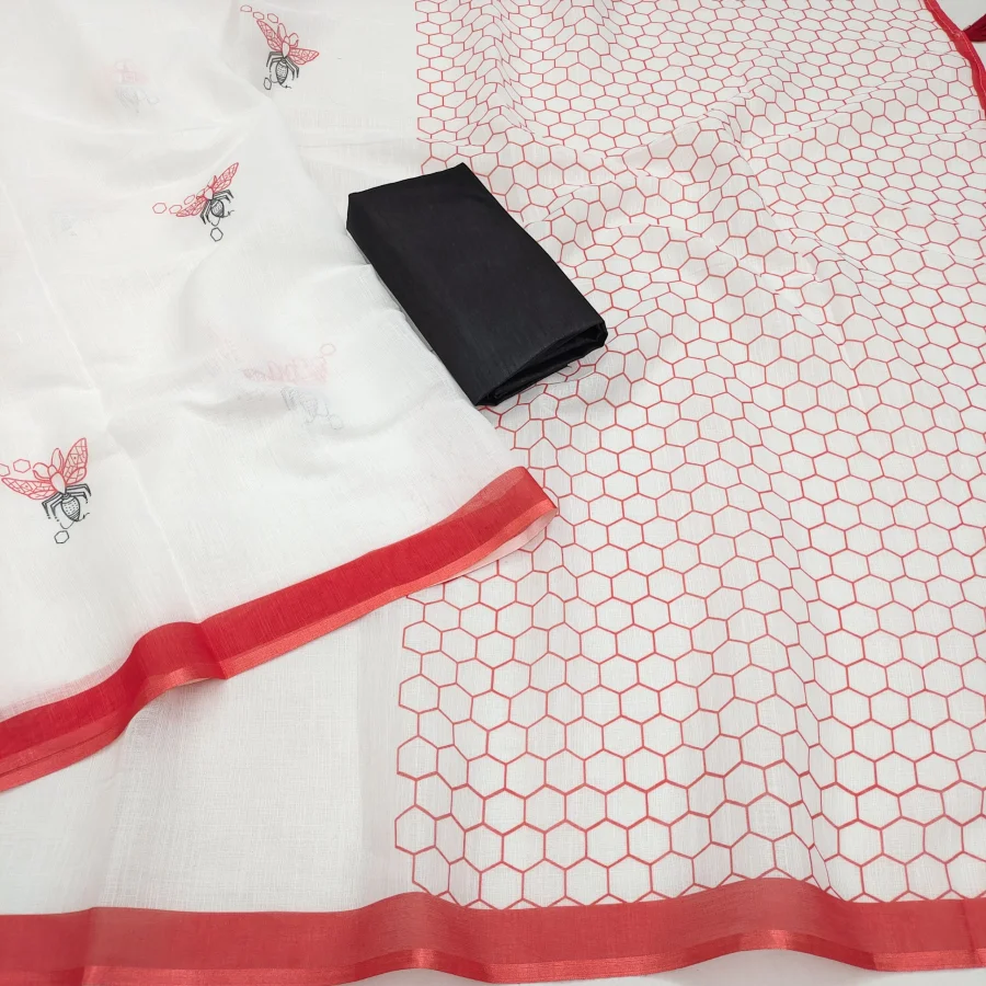 FANCY LINEN COTTON PRINTED WITH TASSELS WORK SAREE WITH UNSTITCHD BLOUSE DAILY WEAR WHOLESALE PRICE ETHNIC GARMENT (4)