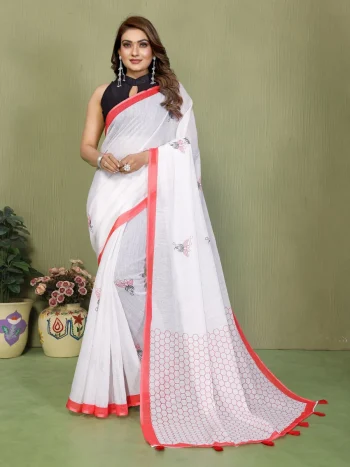 FANCY LINEN COTTON PRINTED WITH TASSELS WORK SAREE WITH UNSTITCHD BLOUSE  RED AND WHITE