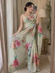 FANCY LINEN SILK DIGITAL PRINT AND KHATLI WORK SAREE WITH UNSTITCHED BLOUSE MINT
