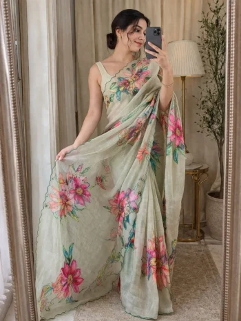 FANCY LINEN SILK DIGITAL PRINT AND KHATLI WORK SAREE WITH UNSTITCHED BLOUSE MINT