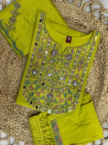 FANCY MANGO SILK MULTI EMBROIDERY & REAL MIRROR WITH HAND WORK TOP BOTTOM WITH DUPATTA PARROT GREEN