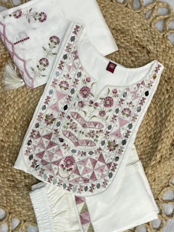 FANCY MANGO SILK MULTI EMBROIDERY & REAL MIRROR WITH HAND WORK TOP BOTTOM WITH DUPATTA WHITE