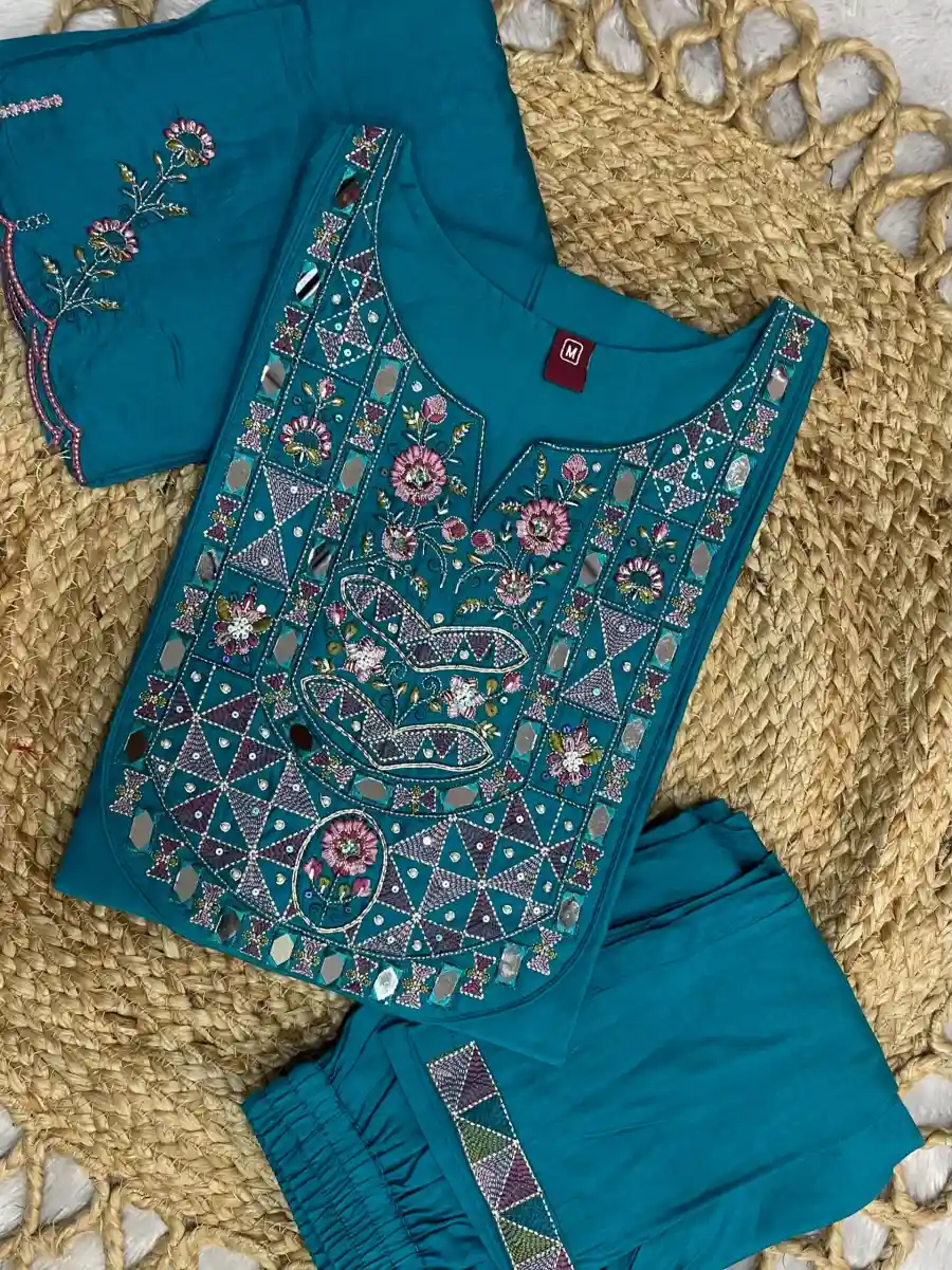 FANCY MANGO SILK MULTI EMBROIDERY & REAL MIRROR WITH HAND WORK TOP BOTTOM WITH DUPATTA FESTIVE WEAR WHOLESALE PRICE ETHNIC GARMENT (2)