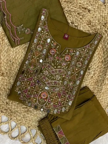 FANCY MANGO SILK MULTI EMBROIDERY & REAL MIRROR WITH HAND WORK TOP BOTTOM WITH DUPATTA MEHNDI