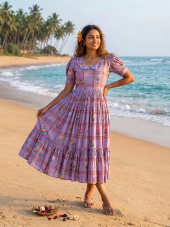 FANCY MUL CHANDERI CHECKS FLORAL PRINT WORK ONE PIECE DRESS LAVENDER