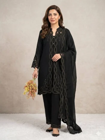 FANCY MUL CHANDERI  PLAIN TOP SEQUENCE EMBROIDERY WITH CUT WORK SHRUG BOTTOM WITH DUPATTA BLACK