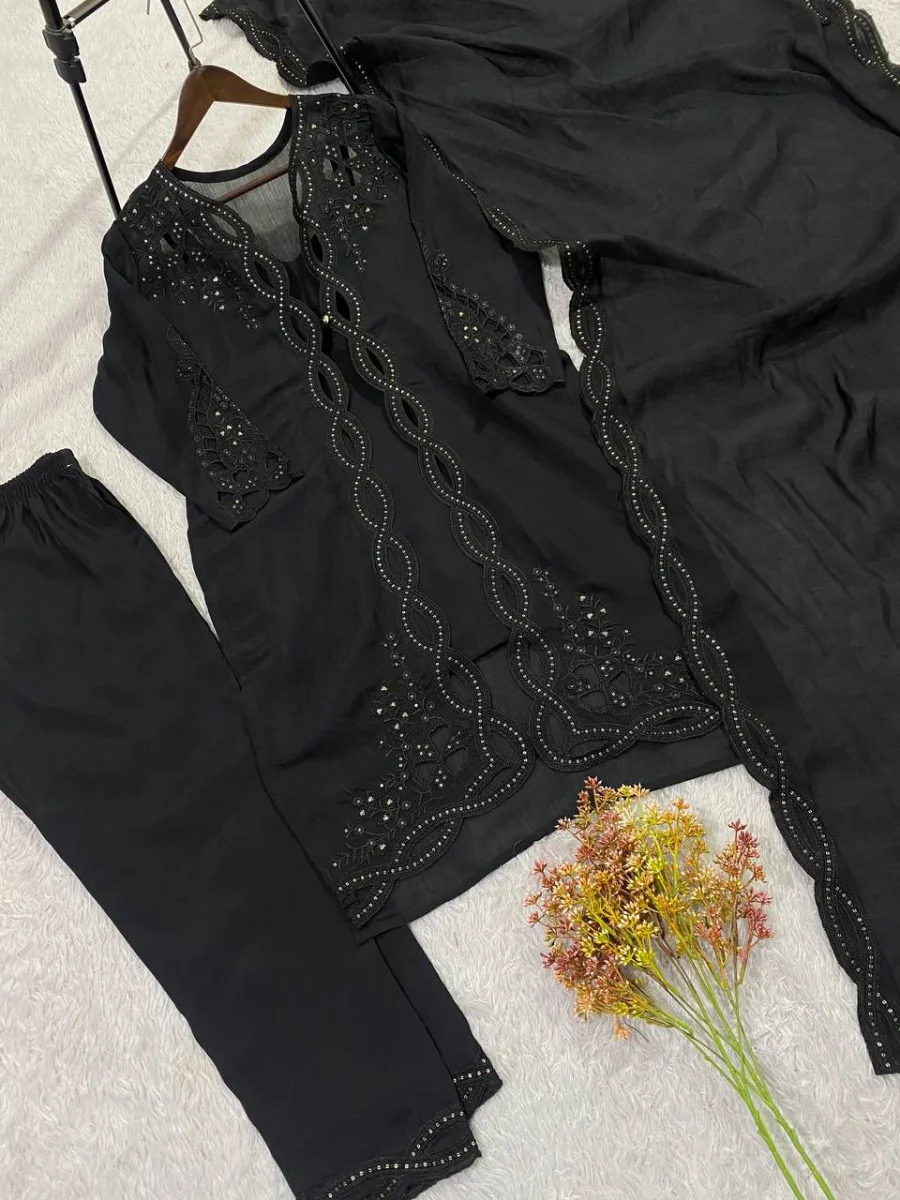 FANCY MUL CHANDERI PLAIN TOP SEQUENCE EMBROIDERY WITH CUT WORK SHRUG BOTTOM WITH DUPATTA FESTIVE WEAR WHOLESALE PRICE ETHNIC GARMENT (7)