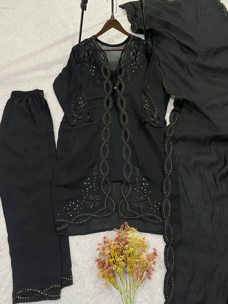 FANCY MUL CHANDERI PLAIN TOP SEQUENCE EMBROIDERY WITH CUT WORK SHRUG BOTTOM WITH DUPATTA FESTIVE WEAR WHOLESALE PRICE ETHNIC GARMENT (8)