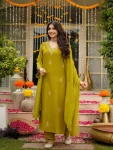 FANCY MUL CHANDERI SEQUENCE EMBROIDERY WORK TOP BOTTOM WITH DUPATTA PARROT GREEN