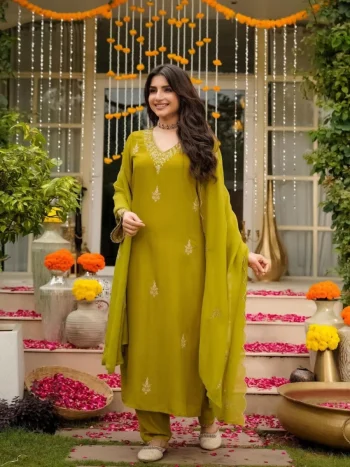 FANCY MUL CHANDERI SEQUENCE EMBROIDERY WORK TOP BOTTOM WITH DUPATTA PARROT GREEN