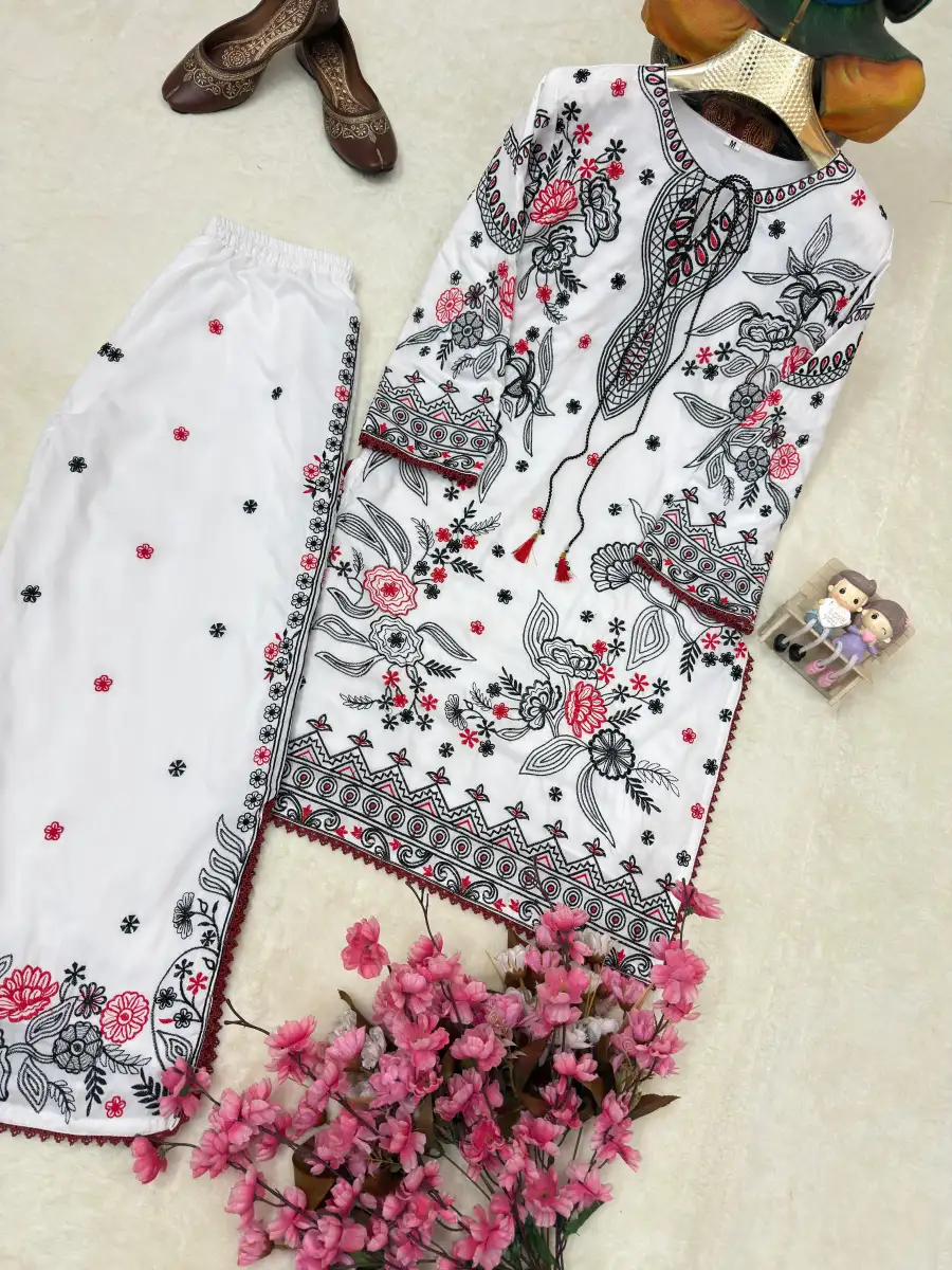 FANCY MUSLIN COTTON THREAD EMBROIDERY WITH COTTON GPO BORDER WITH LATKAN WORK CO-ORD SET DAILY WEAR WHOLESALE PRICE ETHNIC GARMENT (10)