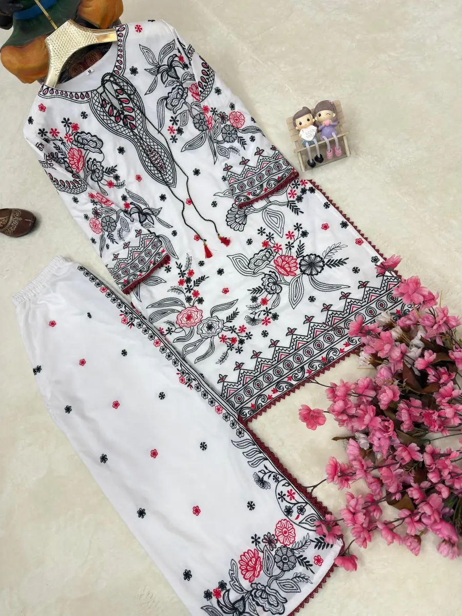 FANCY MUSLIN COTTON THREAD EMBROIDERY WITH COTTON GPO BORDER WITH LATKAN WORK CO-ORD SET DAILY WEAR WHOLESALE PRICE ETHNIC GARMENT (11)