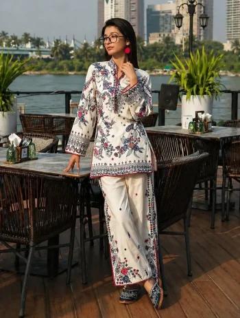 FANCY MUSLIN COTTON THREAD EMBROIDERY WITH COTTON GPO BORDER WITH LATKAN WORK CO-ORD SET WHITE AND BLACK