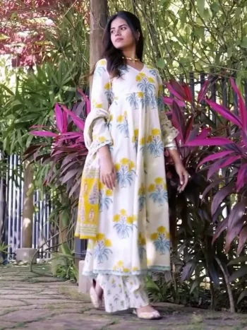 FANCY MUSLIN DIGITAL PRINT WORK GOWN PALAZZO WITH DUPATTA YELLOW