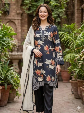 FANCY MUSLIN EMBROIDERY LACE WORK TOP PALAZZO WITH DUPATTA BLACK
