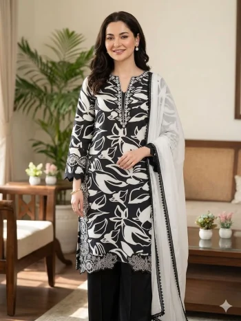 FANCY MUSLIN EMBROIDERY LACE WORK TOP PALAZZO WITH DUPATTA WHITE AND BLACK