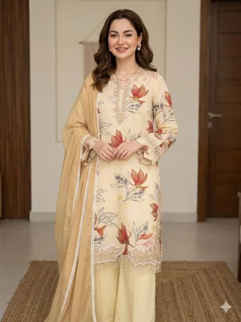FANCY MUSLIN EMBROIDERY LACE WORK TOP PALAZZO WITH DUPATTA CREAM