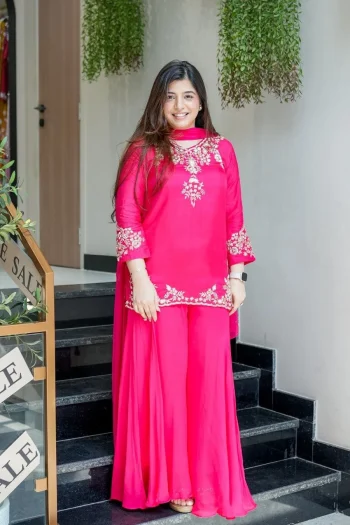 FANCY NATURAL CREPE SEQUENCE CODING EMBROIDERY WORK TOP PALAZZO WITH DUPATTA PINK