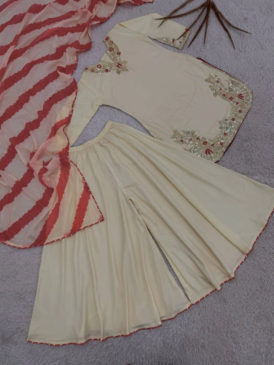 FANCY NATURAL CREPE SILK EMBROIDERY AND SEQUENCE WORK TOP PALAZZO WITH DUPATTA FESTIVE WEAR WHOLESALE PRICE ETHNIC GARMENT (11)