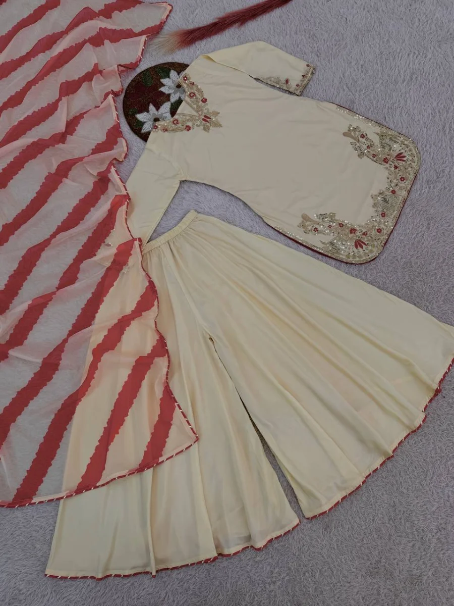 FANCY NATURAL CREPE SILK EMBROIDERY AND SEQUENCE WORK TOP PALAZZO WITH DUPATTA FESTIVE WEAR WHOLESALE PRICE ETHNIC GARMENT (13)