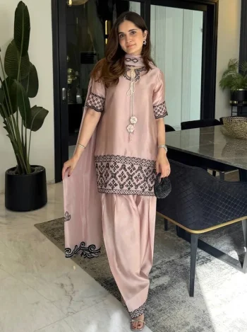 FANCY NATURAL CREPE SILK EMBROIDERY THREAD WORK TOP PATIYALA WITH DUPATTA CREAM